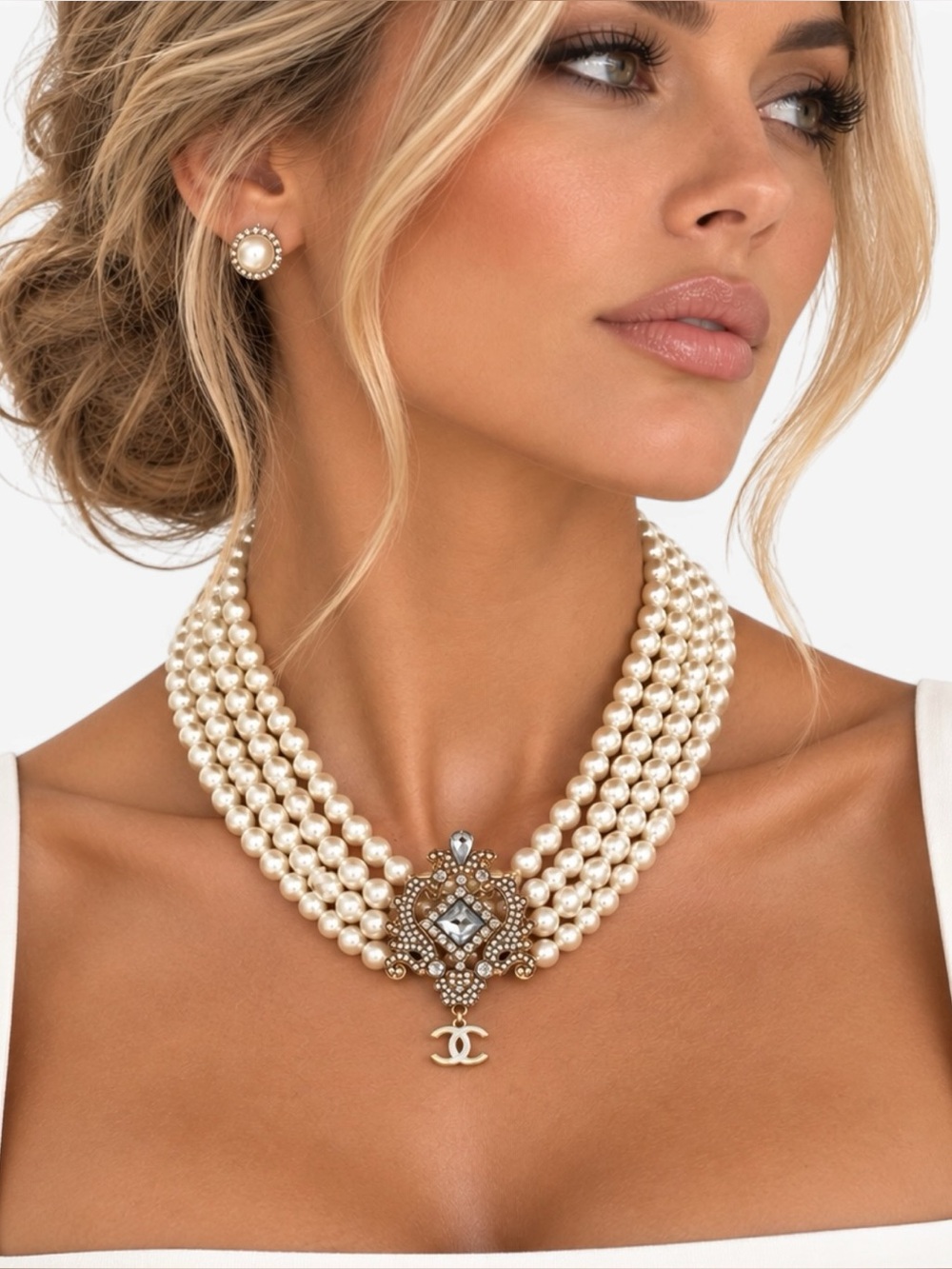 Vintage Inspired Multi Strand Pearl Statement Necklace Gold Tone Crystal Pendant